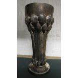 An art nouveau German silver tulip vase with styalized embossed motif, marks to base, 9" high