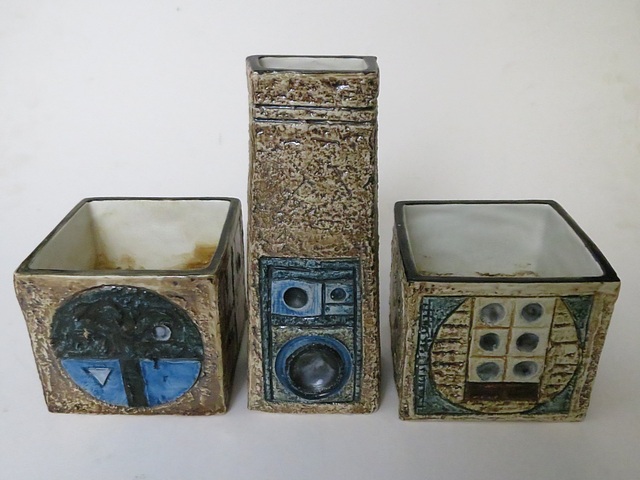 Two Troika pottery textured cube pots, artist initials for Alison Brigden and Louse Jenks, along