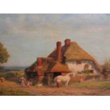 A F Grace attributed - figures and farm animals by a thatched cottage, unsigned, named and dated