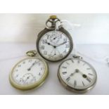 Three pocket watches, one a cylinder movement in a mother of pearl case, 48mm dia. A silver Zenith