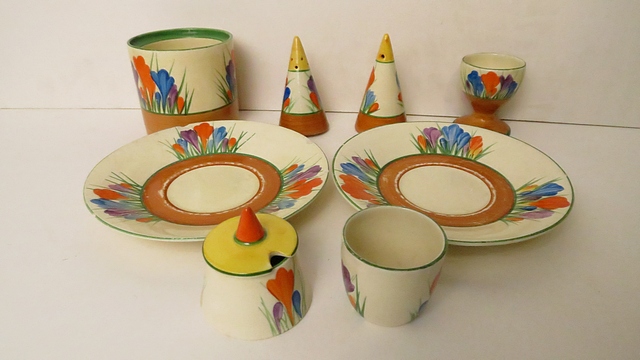 A group of Clarice Cliff for Newport potteries Crocus pattern table ware, comprising a pair of