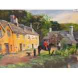 T F Parks, a framed and glazed oil on canvas country village scene with huntsman on horseback to the