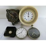Two military deck watches, a gunmetal cased button hole watch, with an aircraft cockpit clock and an