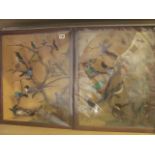 Two glazed display cases containing an arrangement of taxidermied African birds perched on branches,