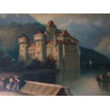 A 19th century continental oil on copper gilt framed scene of a lake side castle