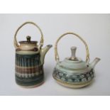 Mary Rich - two studio pottery miniature teapots with cane handles, one with gilt highlights, artist