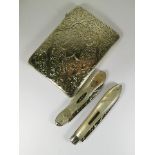 A silver card case, Birmingham 1896, mother of pearl case and two silver fruit knives