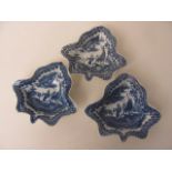 A group of three 18th/early 19th century Caughley blue and white pickle dishes in leaf form