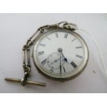 A 19th century silver duplex pocket watch with silver guard chain, unsigned gilt bridge - duplex
