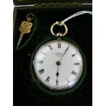 A late 19th century silver fob watch with gold bow and hinges, by Dent, London. Fusee lever movement