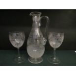 A Victorian engraved glass water/lemonade set, comprising a jug of pear form, with narrow neck.