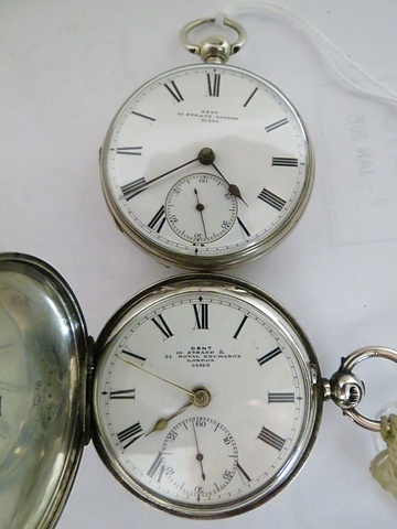 Two silver pocket watches by Dent, London, one full hunter, fusee lever, signed and no 34868.