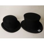 A Dunn & Co folding opera hat together with a bowler hat