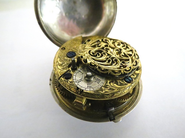 Mid 18th century silver pair cased Verge watch, signed Richard Trapp, London, movement with lace - Image 2 of 3