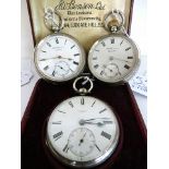 A late 19th century silver cased open faced pocket watch by J W Benson in original fitted leather