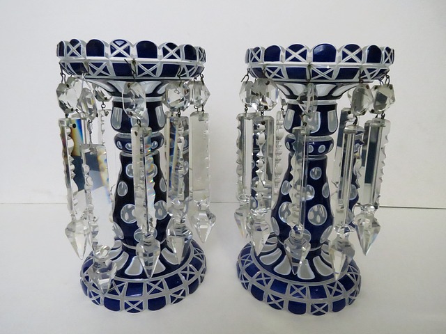 A pair of 19th century French blue overlaid opal and crystal cut glass table lustres