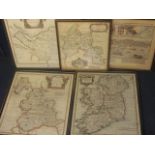 A selection of framed and glazed 17th and 18th century coloured maps including Robert Morden map