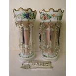 A large pair of Victorian foliate painted glass lustres with clear glass drops A/F