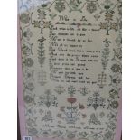 A Victorian verse and pictorial sampler worked by Mary Cuming Moalle, May 10 1845, mounted and