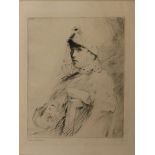 Frank W Benson - Seated lady in a hat, etching, 15/75, signed to margin lower left, unframed, 12 3/