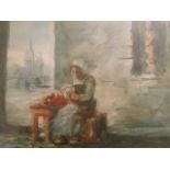 After R P Bonnington, a 19th century gilt framed watercolour sketch of a lady at work