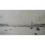 W L Wylie - a framed and glazed etching of sailing ships at sea, signed lower left, 15" x 7"