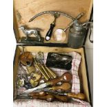 A selection of antique locks, scales, metal ware and wood working planes