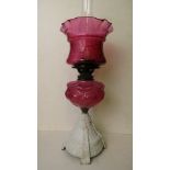 A Victorian glass oil l amp with a cranberry glass shade