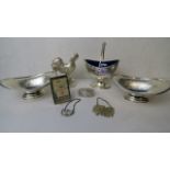 A white metal figure of a cockerel, pair of Sheffield plated bon bon dishes, sugar basket, pill box,