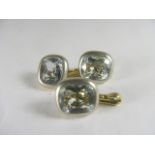 A pair of 14ct gold aquamarine set cuff links, one A/F