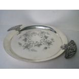 A Vrart continental white metal tray having ornate pierced handles and foliate decorated centre