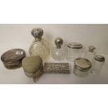 A selection of silver topped dressing table bottles and jars, silver jewellery box, Egyptian