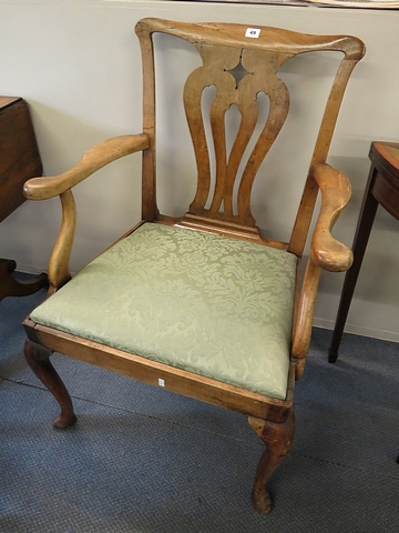 A Georgian provincial hepplewhite style applewood carver chair with drop in seat on cabriole legs