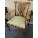 A Georgian provincial hepplewhite style applewood carver chair with drop in seat on cabriole legs