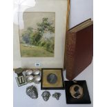 An early 20th century watercolour of sheep with a hardback book on period costume, two miniatures,