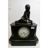 Chatel a Paris - a 19th century black slate mantle clock, mounted with a bronze figure over a