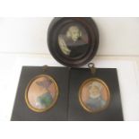 Two ebony framed miniatures of two lady's from the Hindmarsh family, with a 19th century pocket