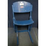 An oriental blue painted Wembley Stadium folding seat of wood and metal framed construction, with an