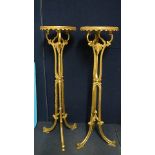 A pair of gilt wood and carved pedestal plant stands, circular tops with moulded edges and