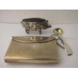An early 20th century silver ladies evening purse and card case, together with a silver mustard