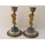 Two cherub gold gilt candlesticks, Victorian