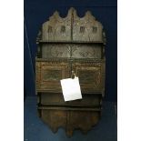 A Victorian painted country wall hanging, wooden wall unit with carved and incised leaf decoration