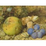 W H Hunt - a framed and glazed watercolour, still life of grapes and an apple, 3 x 5