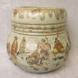 A late 19th century Japanese porcelain jardiniere decorated with figures in various employments, A/F