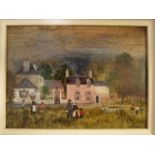 Brenda King 1975, a framed oil on board painting of a village scene with figures to the