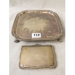 A silver card tray of square form with canted corners and cast feet, Sheffield 1961 and a Walker &
