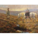 Peter Munro - Hill Pony, oil on board highland landscape of a pony carrying a dead stag whilst being