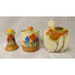 A Clarice Cliff Crocus pattern preserve jar and lid, Crocus pattern pepper pot, A/F and a Clarice