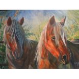 T J Gress - Sanchos Melody, opaque watercolour of two horses by a fence, signed lower right, 19 6/