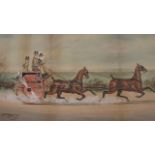 H W Standing 1902 - carriage driving, watercolour of three figures in a black and red carriage,